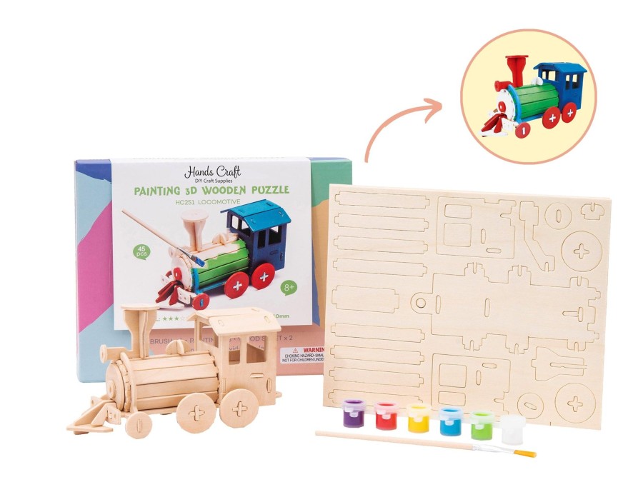 3D Puzzles Hands Craft US, Inc. | 3D Wood Puzzle + Paint Kit: Locomotive Train