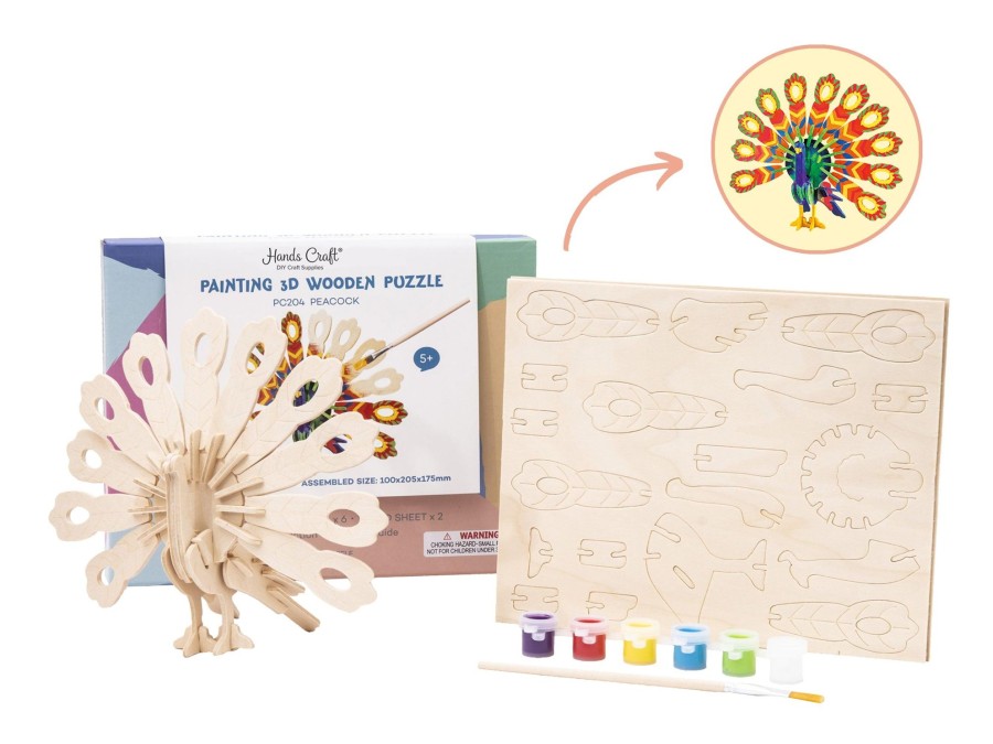 3D Puzzles Hands Craft US, Inc. | 3D Wood Puzzle + Paint Kit: Peacock