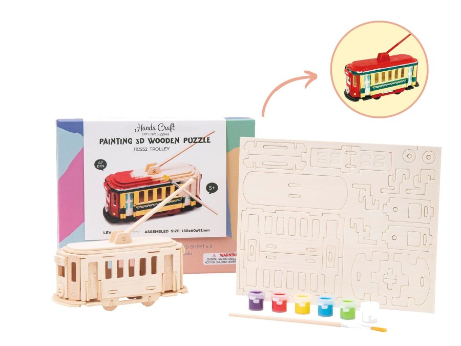 3D Puzzles Hands Craft US, Inc. | 3D Wood Puzzle + Paint Kit: Trolley