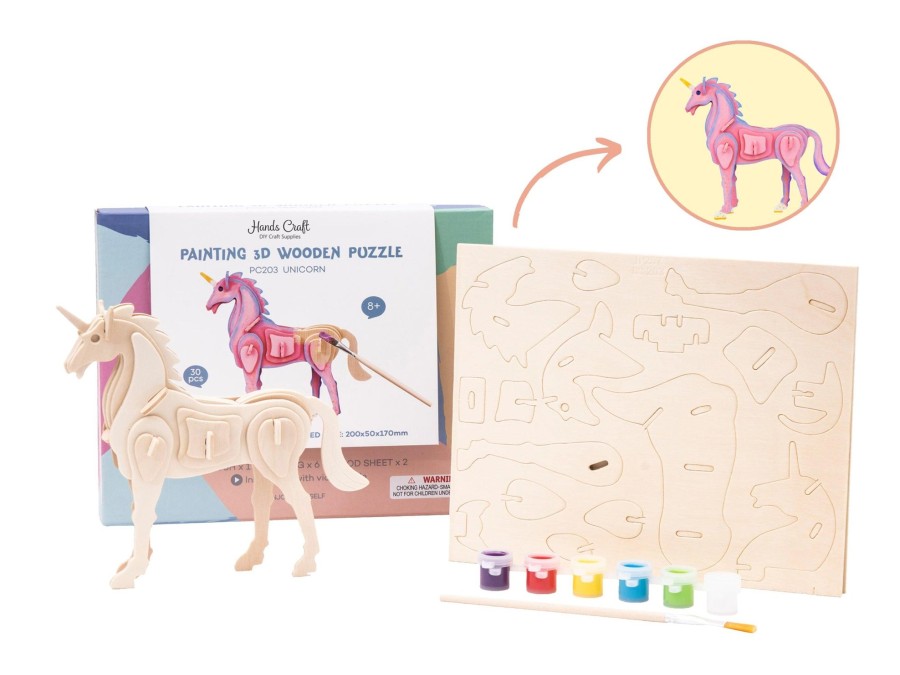 3D Puzzles Hands Craft US, Inc. | 3D Wood Puzzle + Paint Kit: Unicorn