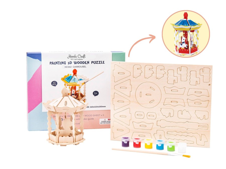 3D Puzzles Hands Craft US, Inc. | 3D Wood Puzzle + Paint Kit: Carousel